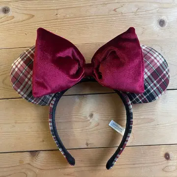 미키 귀 머리띠 빨간색 체크 무늬