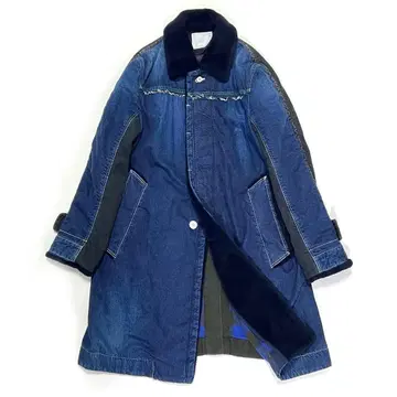 sacai 사카이 리메이크 보아 데님 코트 체크 절개 인디고 M