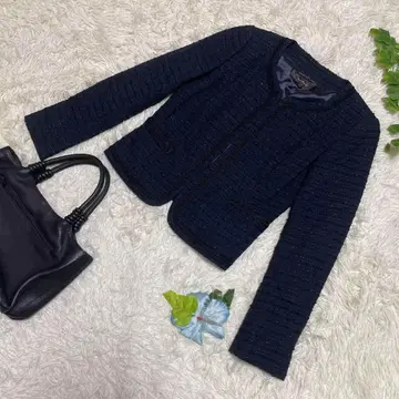 컨디션 최상 리플렉트 노카라 자켓 트위드 네이비 라메 후크 7 S