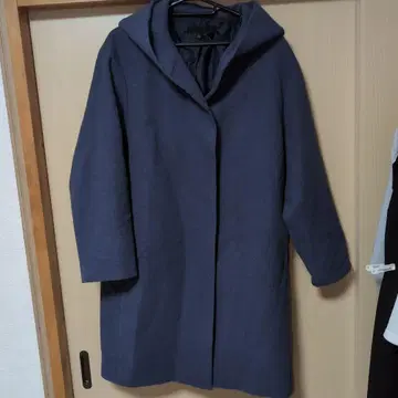 네이비 후드 부착 롱 코트 L 사이즈