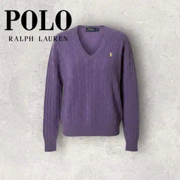폴로 랄프로렌 케이블 니트 M 보라색 울 91 캐시미어 9 V넥 c