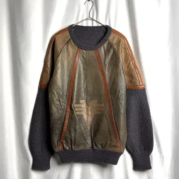 80s 가죽 x 니트 디자인 스웨터 L-XL 그레이 아크릴
