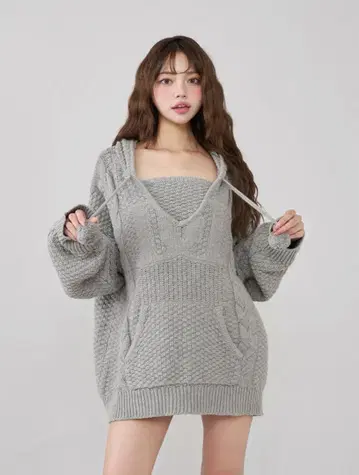 Darich 케이블 DD 로고 V넥 니트 후디