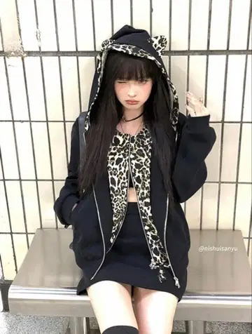 레오파드 무늬 후드 부착 후드티 펑크 y2k