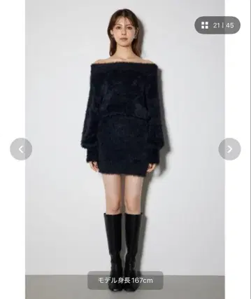 rienda 오프숄더 샤기 니트 미니 원피스 블랙