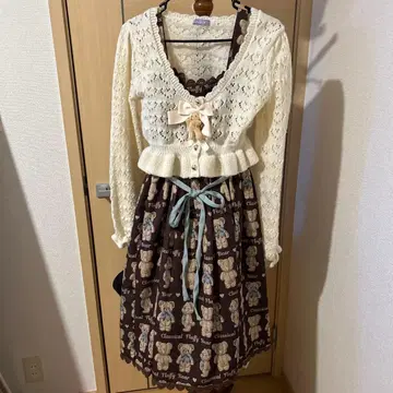 포에틱 Fluffy Bear 아이보리 가디건 원피스 세트