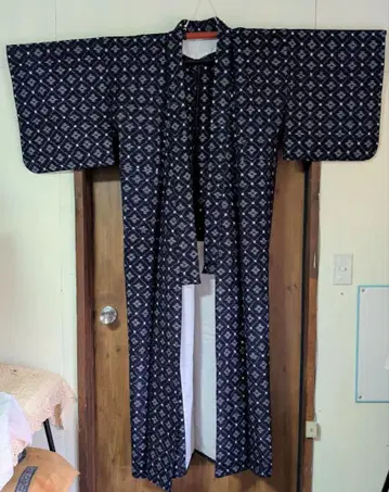 미사용 장기 보관 카스리 당시 물건 기모노 목화 남색 여성 화장 67cm