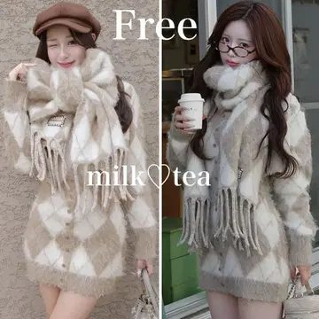 택 포함 새상품 다리치 아가일 니트 앙상블 베이지 프리 사이즈