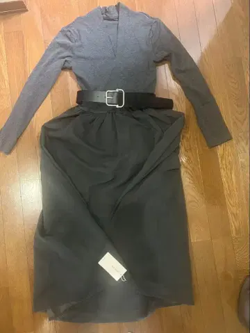 그레이 니트 롱 원피스 긴팔 벨트 포함