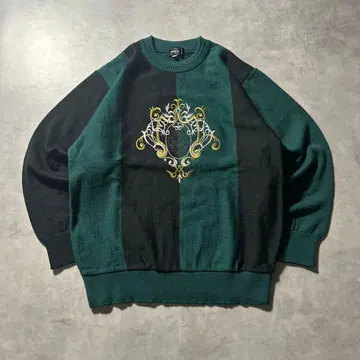 빈티지 그린 절개 블랙 레트로 자수 디자인 니트 스웨터