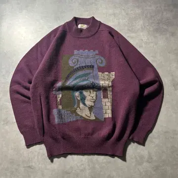 빈티지 퍼플 원포인트 로고 모크넥 아트 패턴 니트