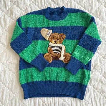 곰 자수 스트라이프 오버 사이즈 니트 스웨터