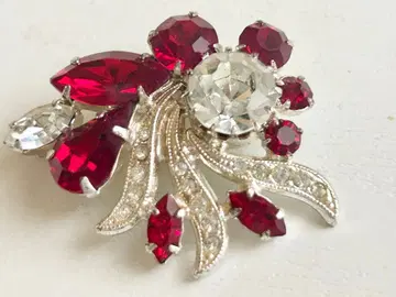 미사용 레드 클리어 비쥬 큐빅 반짝이는 아름다운 브로치