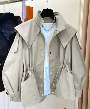 베이지 큰 옷깃 캐주얼 자켓 트렌치코트 숏 기장