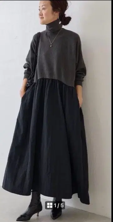 미사용 가까운 비어즐리 니트 콤비 개더 원피스 그레이 1호 24AW