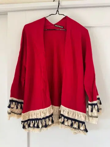 FRAPBOIS 빨간색 가디건 레이스 프린지