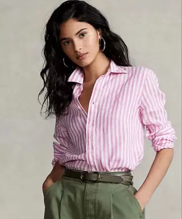 RALPH LAULEN 랄프 로렌 스트라이프 린넨 셔츠 핑크 xs