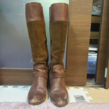 브라운 스웨이드 가죽 부츠 중간 힐