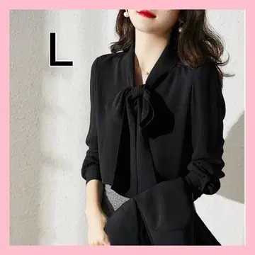 리본 블라우스 셔츠 긴팔 보타이 쉬폰 비침 블랙 L