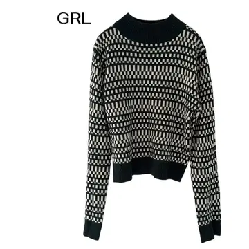 GRL 그레일 하이넥 올 패턴 배색 니트 스웨터 갸루