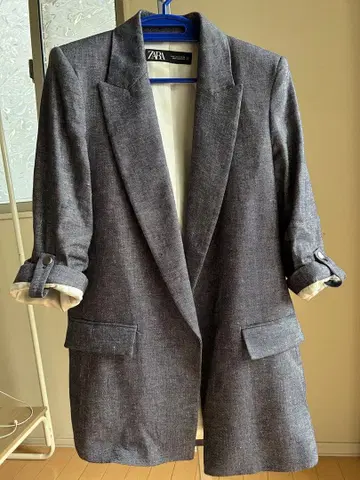 ZARA 린넨 롤업 슬리브 자켓 멜란지 블루