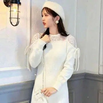 미셸 마카롱 레이스 니트 미니 원피스 화이트