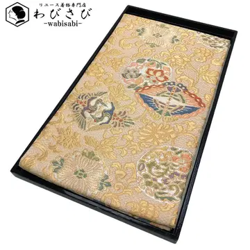 후쿠로 오비 마주보는 학 꽃+덩굴 패턴 나비 금실 골드 컬러 O-5703