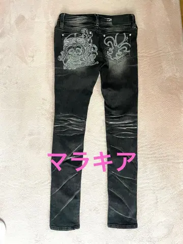 말라키아 스컬 자수 블랙 스키니 데님 25인치 헤이세이 갸루 y2k