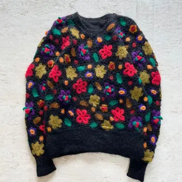 쇼와 레트로 컬러풀 입체 꽃 모티브 니트 블랙 모헤어풍 빈티지