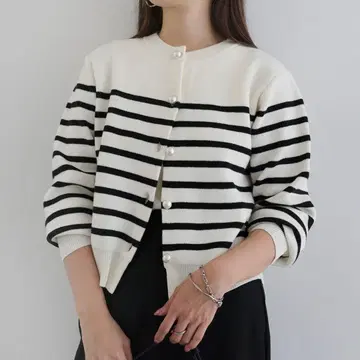 andme 펄 버튼 긴팔 니트 가디건 ( 화이트 x 블랙 )