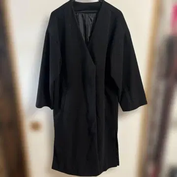 깃 없는 블랙 울 혼방 롱 코트