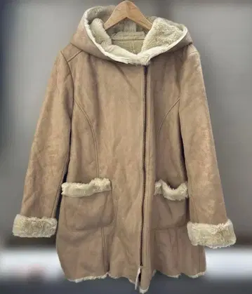 NISSEN 니센 베이지 후드 부착 따뜻한 무스탕 코트 LL 사이즈