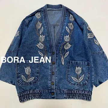 [ 빈티지 ] 꽃무늬 자수 데님 가디건 데님 자켓 노카라