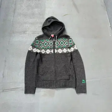 00s 푸마 노르딕 무늬 로고 자수 니트 집업 후드티