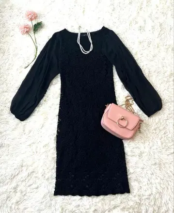 32.GINA 블랙 레이스 쉬폰 긴팔 원피스 M