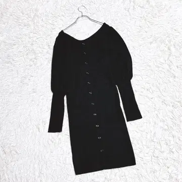 [리엔다] 리브 니트 원피스 (S) 긴팔 퍼프 슬리브 타이트 블랙