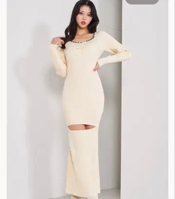 darich 스티치 리본 니트 롱 원피스