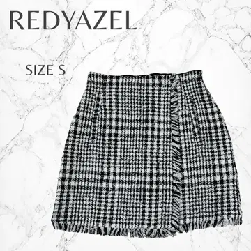 레이디 아젤 울 혼방 트위드 프린지 체크 무늬 타이트 미니 스커트 S