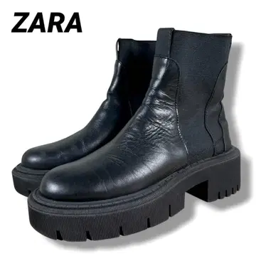 ZARA 자라 천연 가죽 가죽 사이드 고어 부츠 통굽 블랙 블랙 38