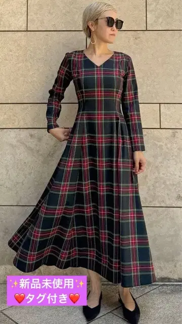 택 포함 미사용 새상품 JENNE V넥 타탄 체크 원피스 S 사이즈