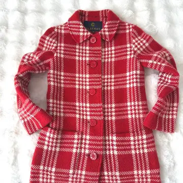 새상품급 CLATHAS 까멜리아 깅엄 체크 트위드 롱 코트 빨간색