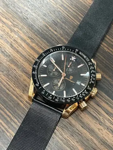 poedagar 크로노그래프 블랙 골드 손목시계 스테인리스 메쉬 블레스