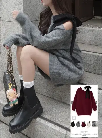 원숄더 벨로아 리본 니트 미니 원피스[dr796]