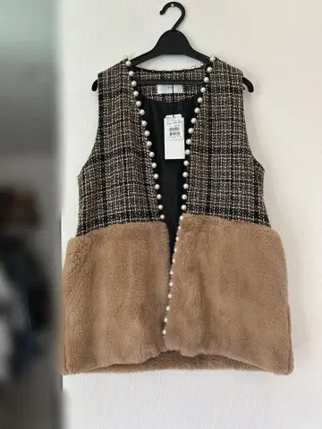 새상품 체크 무늬 펄 베스트