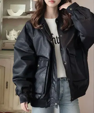 [ JaVa 자바 콜라보 ] 인조 가죽 빈티지 오버 사이즈 블루종