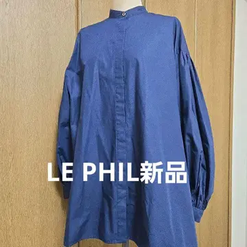 LE PHIL 네이비 스탠드 카라 벌룬 슬리브 튜닉