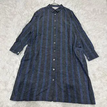 써니클라우드 그레이와 파랑 스트라이프 셔츠 원피스 린넨 코튼 M