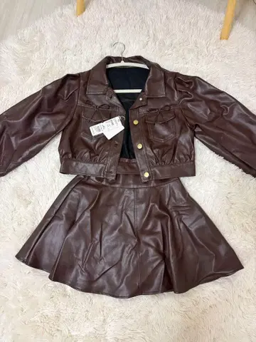 가죽 자켓 스커트 셋업 브라운