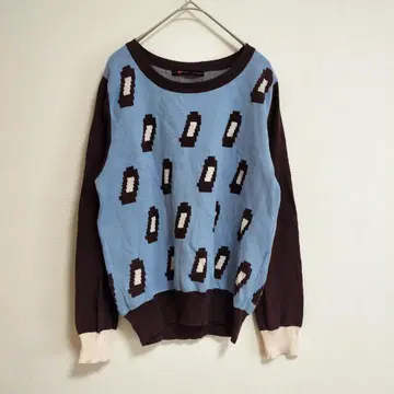 2% TOKYO 코튼 니트 F 블루 x 보르도 기하학 패턴 긴팔