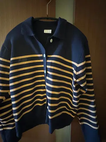 12closet 네이비/베이지 스트라이프 긴팔 피케 셔츠 손세탁 가능